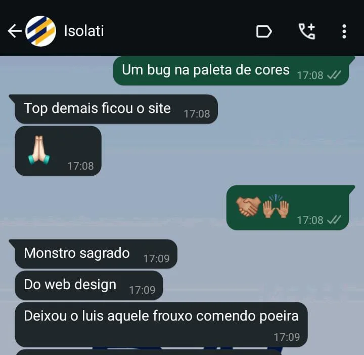 Criação de sites e landing pages, feedback do Isolati